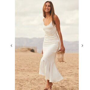 Lulus Women Strictly Romance White Satin Asymmetrical Tiered Midi Dress L